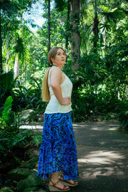 Gypsy Skirt in Dancing Hibiscus Blue, boho maxi skirt side view.