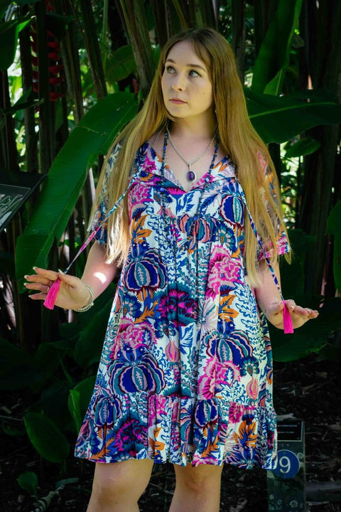 Cosmopolitan Short Dress - Cream Flora - zaphire_kuranda