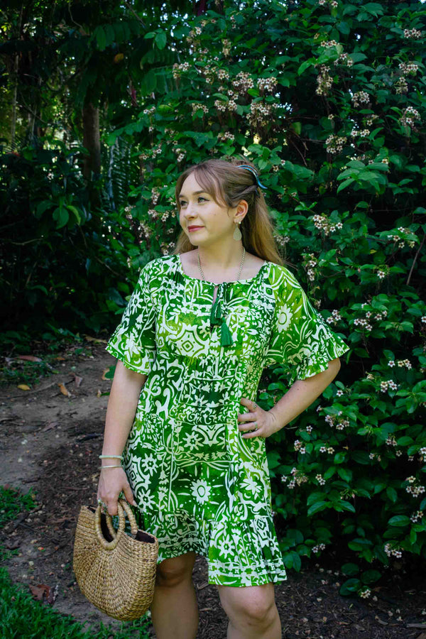 Cosmopolitan Short Dress in Lime Inca Symbol